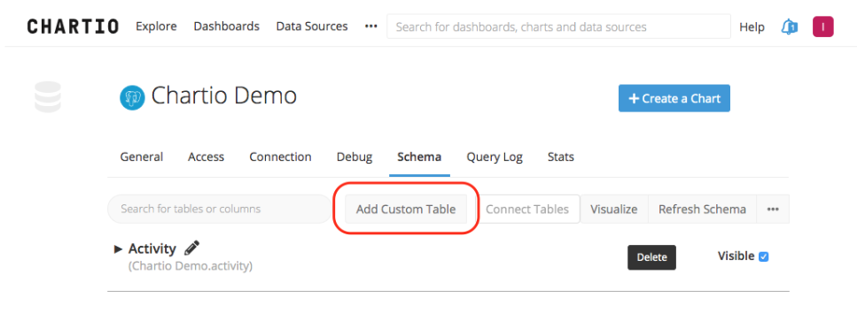 Add a Custom Table under the Schema tab of a data source