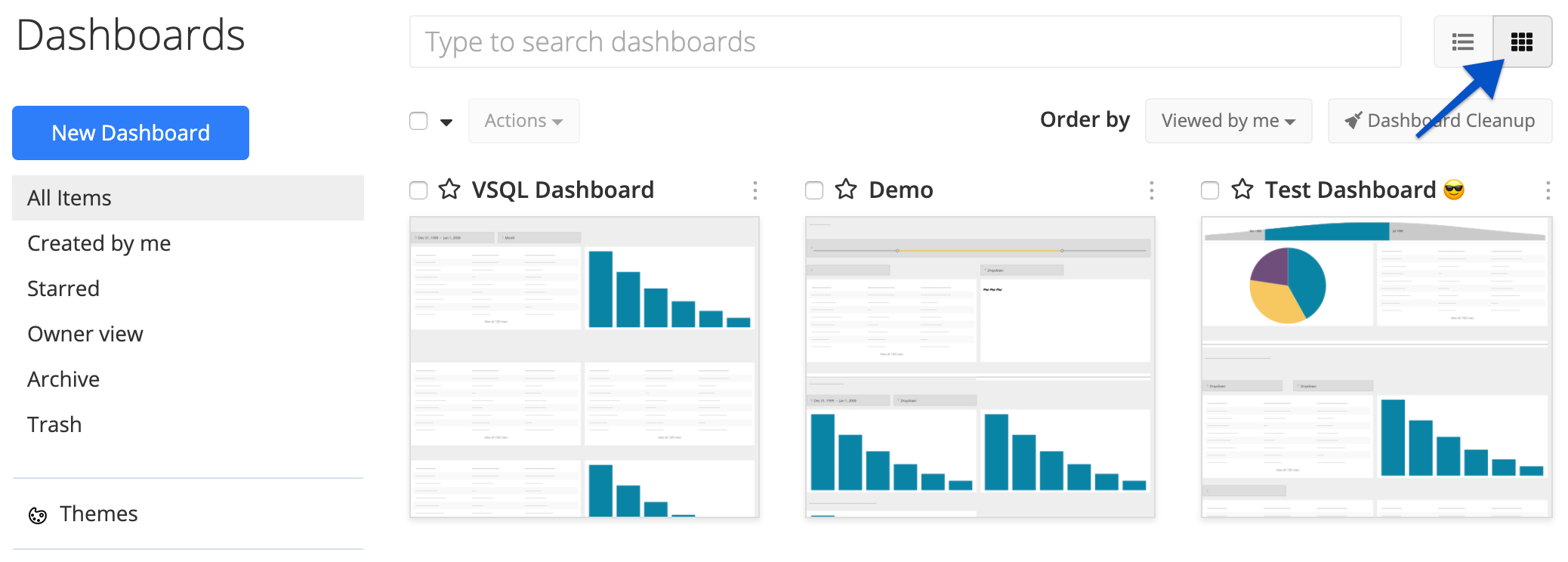 Thumbnail view of dashboards