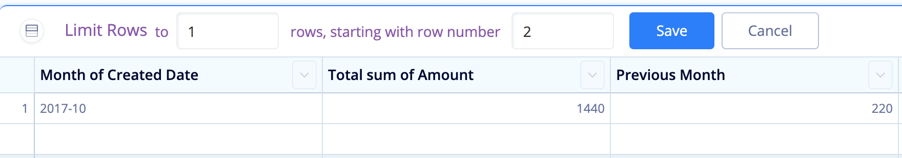 Add a Limit Rows Action to show one row starting at row number two