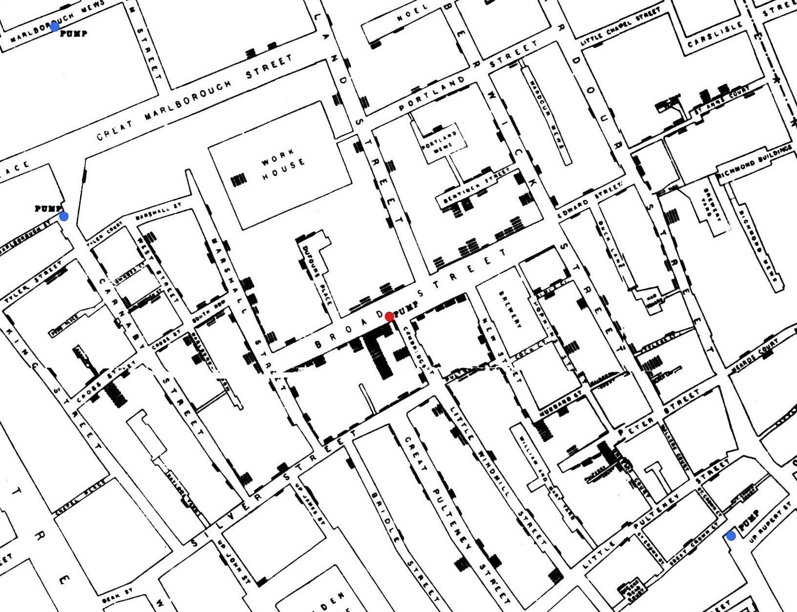 Excerpt of John Snow's 1854 cholera map with colored points indicating water pump locations.