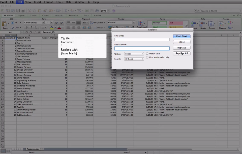 Accounts.xls file on excel - remove all double quotes