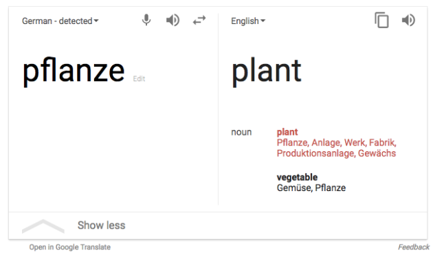 The many translations of pflanze, or plant in German.