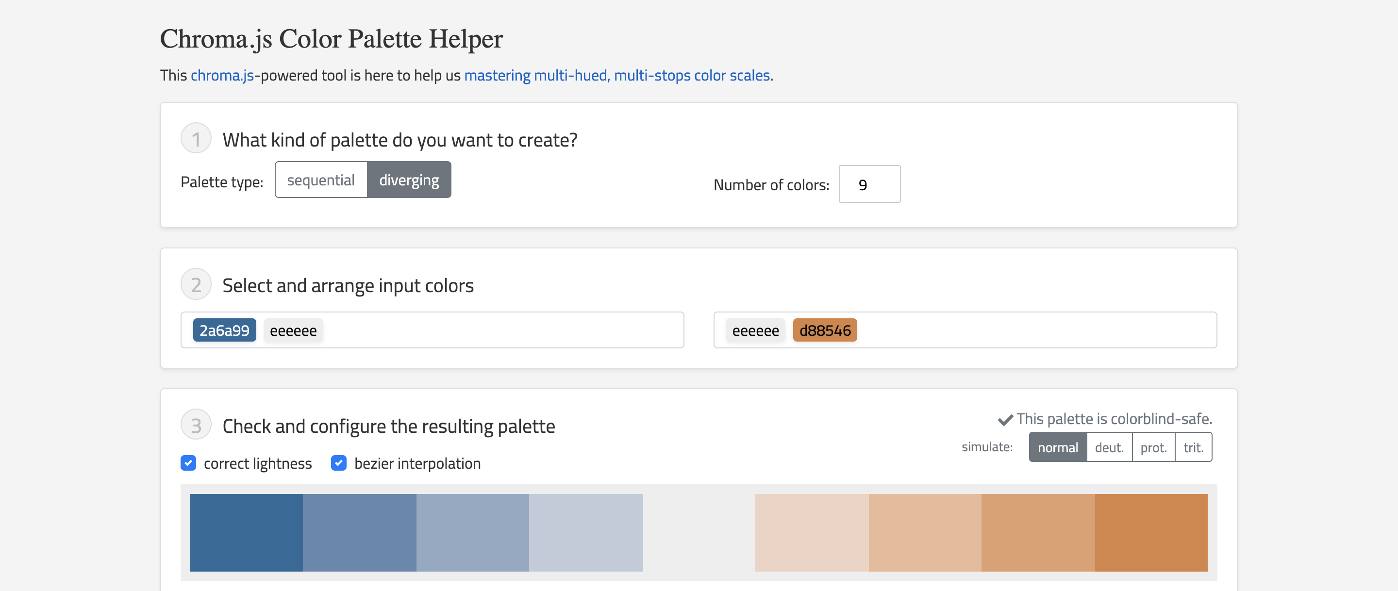 Screenshot of the chroma.js Color Palette Helper site showing a blue/orange diverging palette.