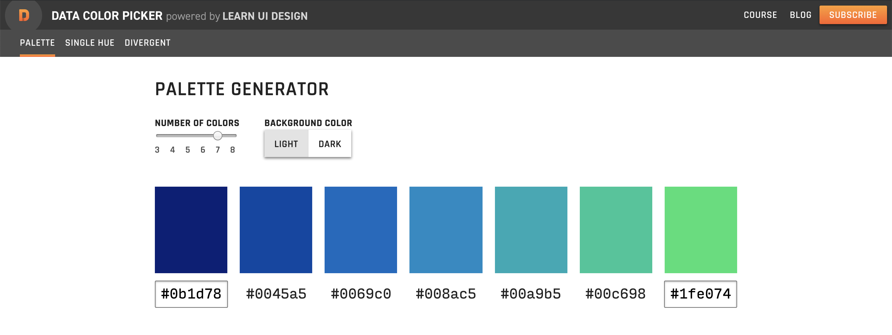 Screenshot of the Data Color Picker site with a blue-to-green sequential palette.
