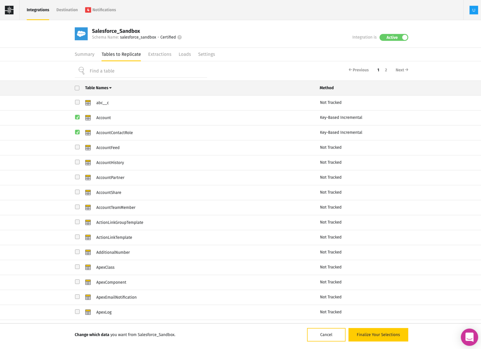 Choose tables and columns to replicate from Salesforce