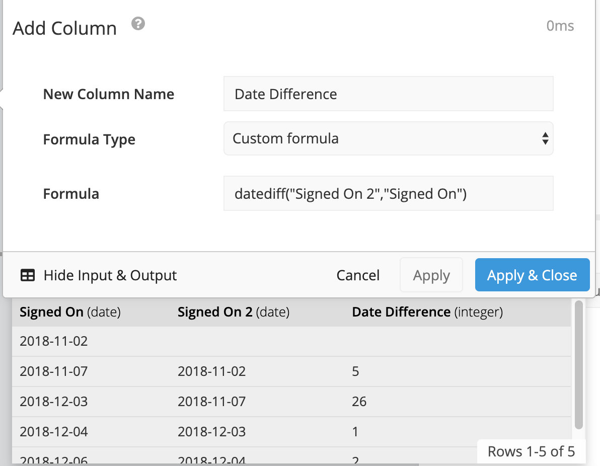 Add a column and use the datediff() Custom formula