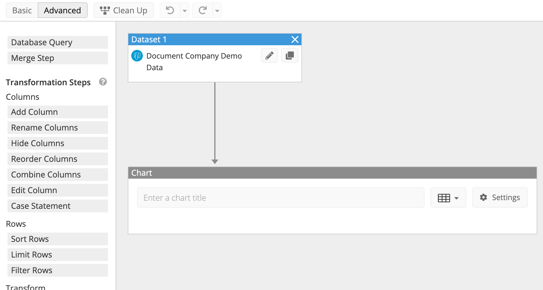 New canvas in Advanced Mode has empty Database Query node and a Chart node