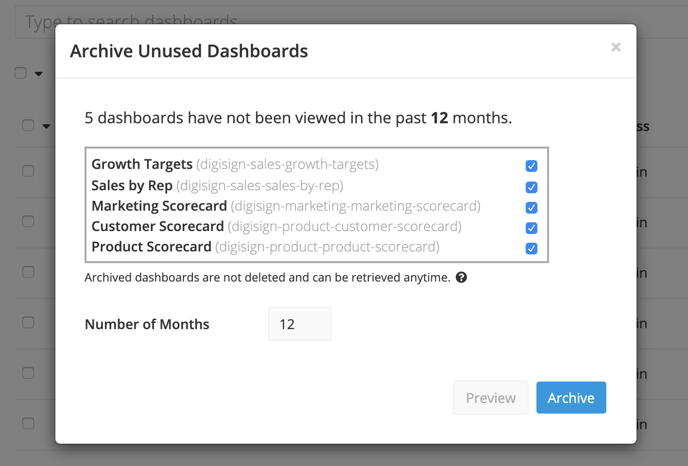 Archive unused dashboards with the Dashboard Cleanup tool