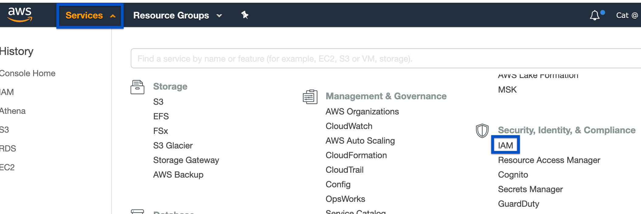 Services > IAM from the top nav bar of the AWS Management Console