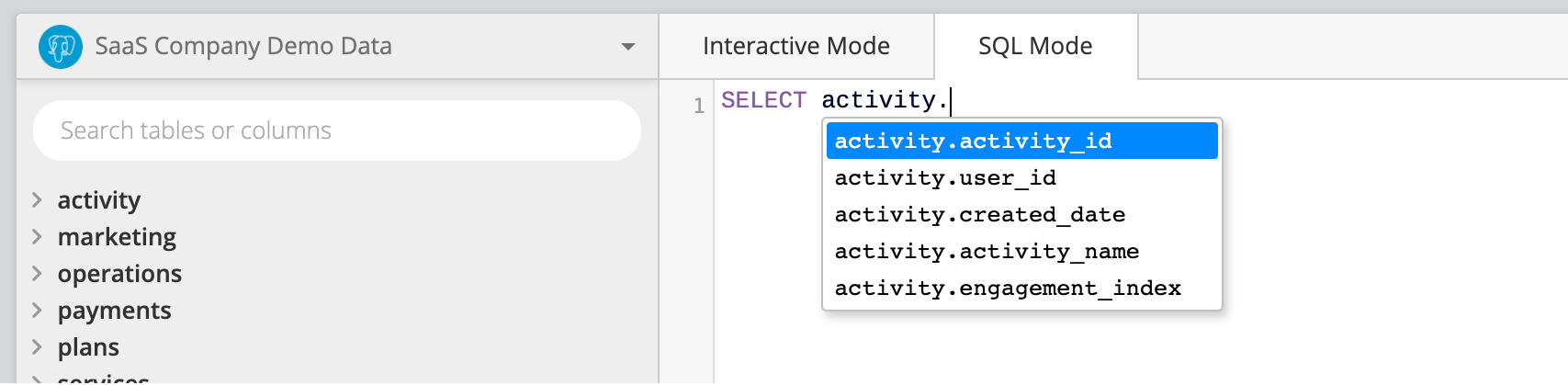 Autocomlete column and table names using keyboard shortcuts