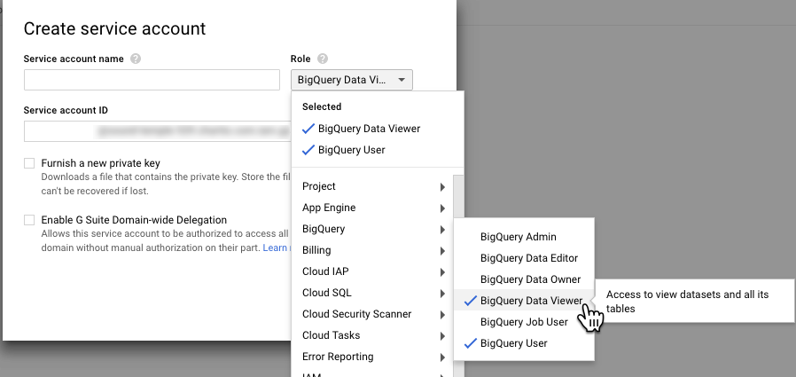 Name it and select BigQuery Viewer and BigQuery User