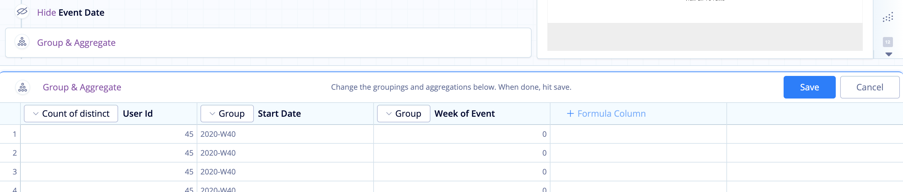 Use Group & Aggregate to Group by the Start Date and Week of Event and count distinct User Ids