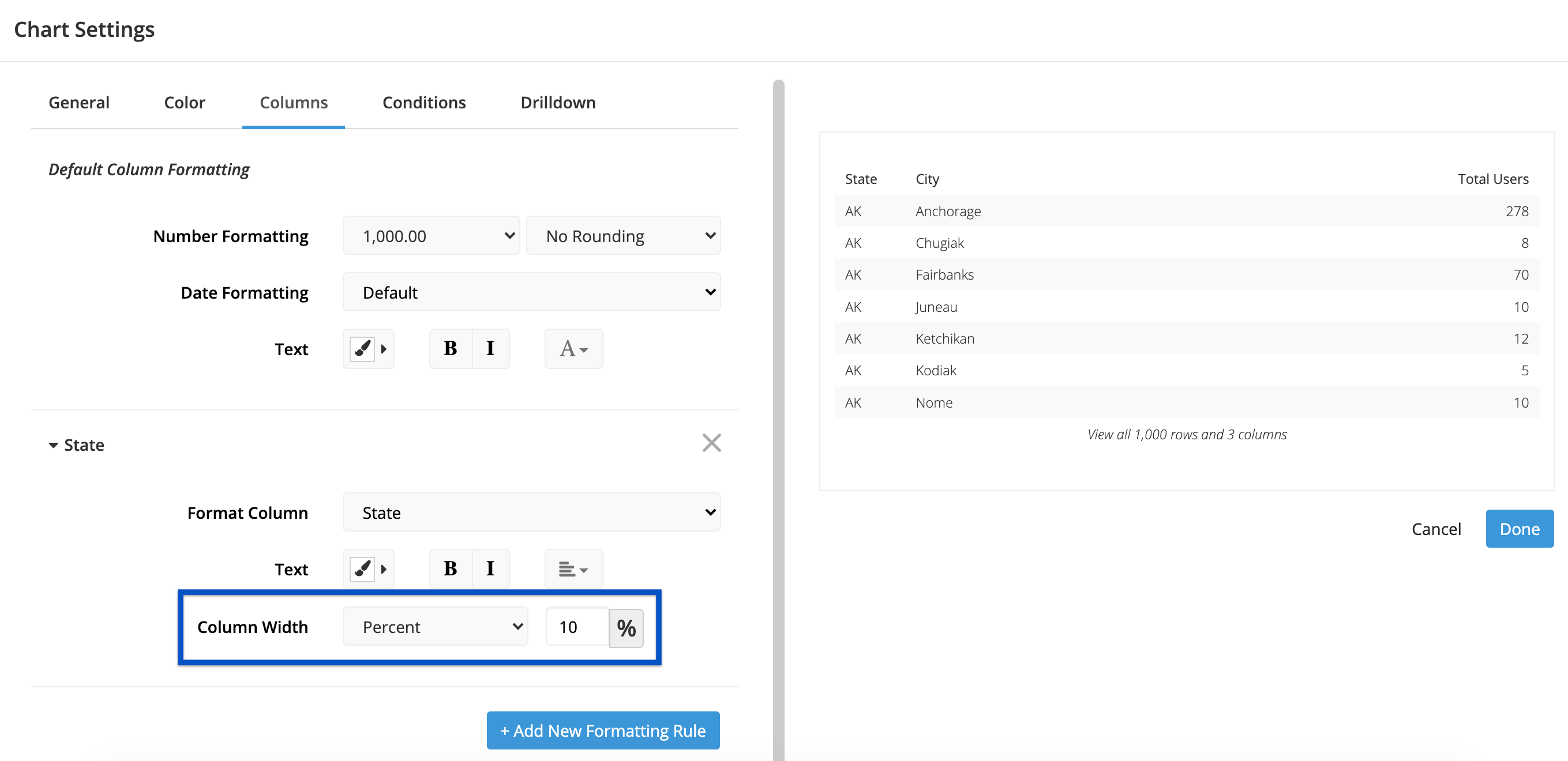 Add a new formatting rule to adjust the column width