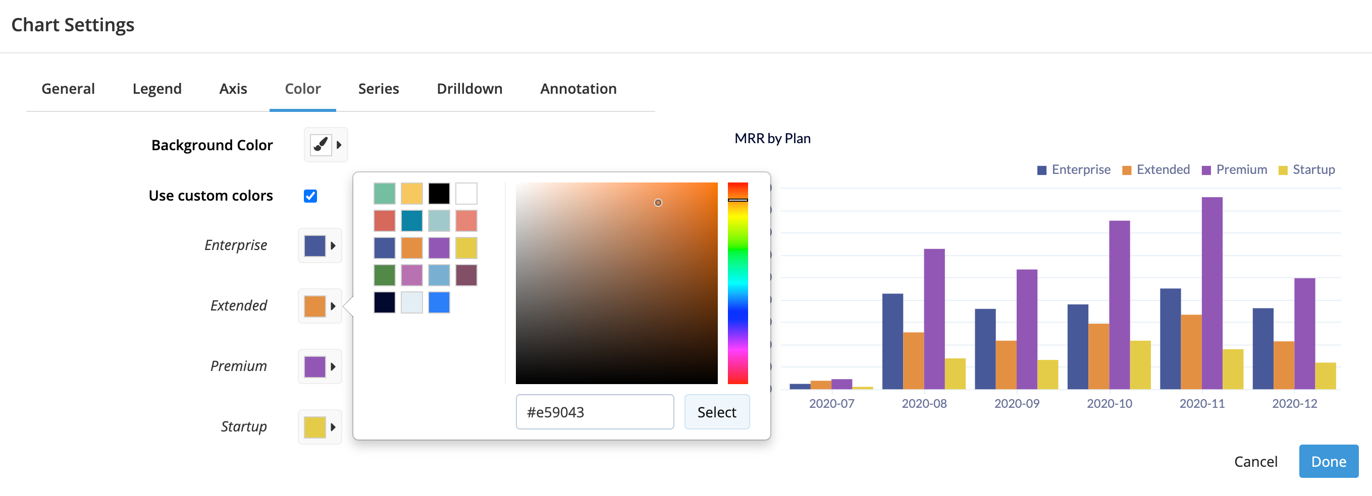 Use the color picker to choose a custom color for your chart