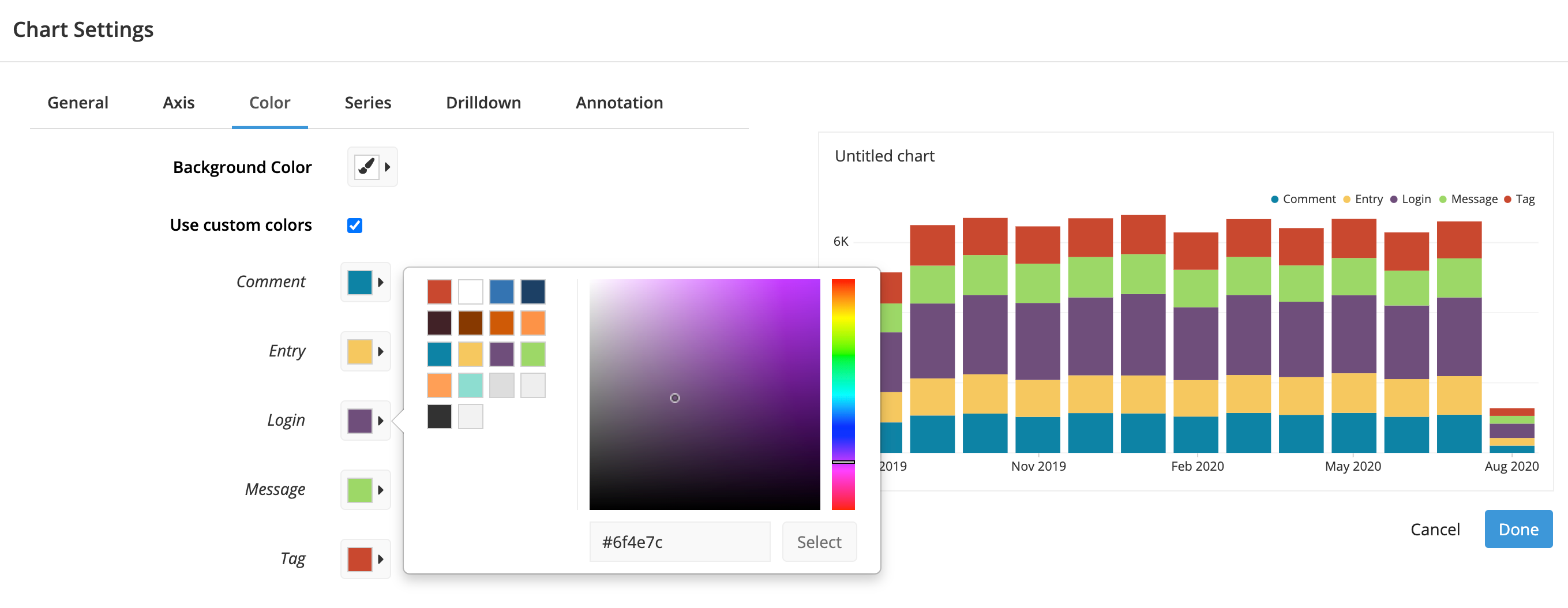 Use the color picker to choose a custom color for your chart