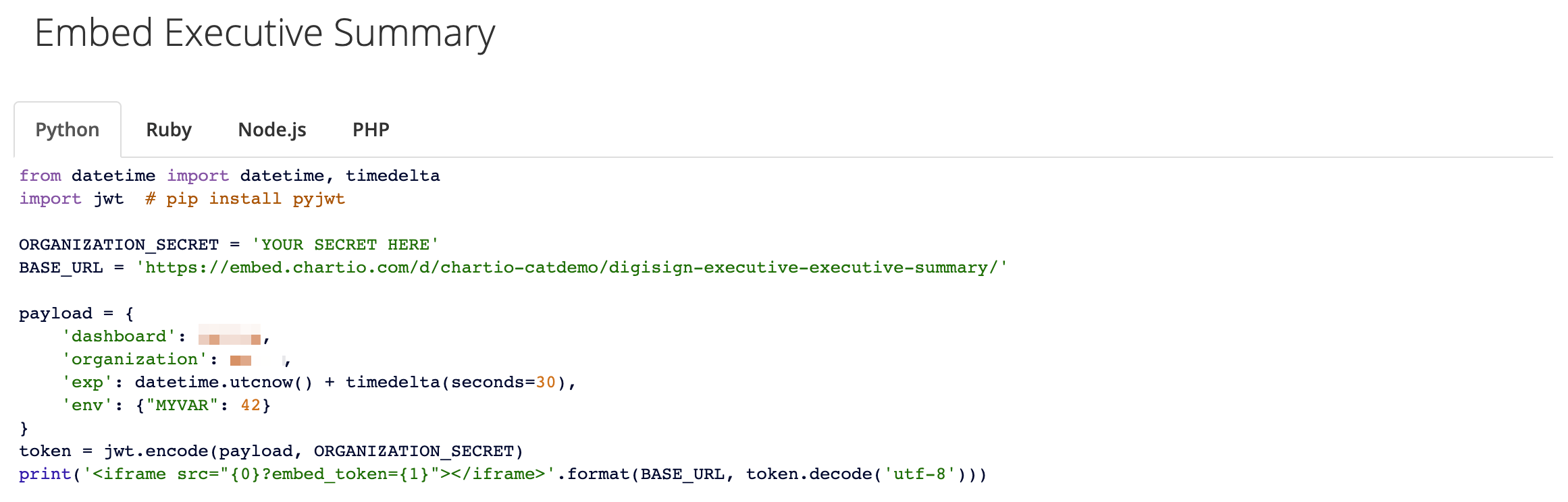 Embedding example code for the Executive Summary dashboard