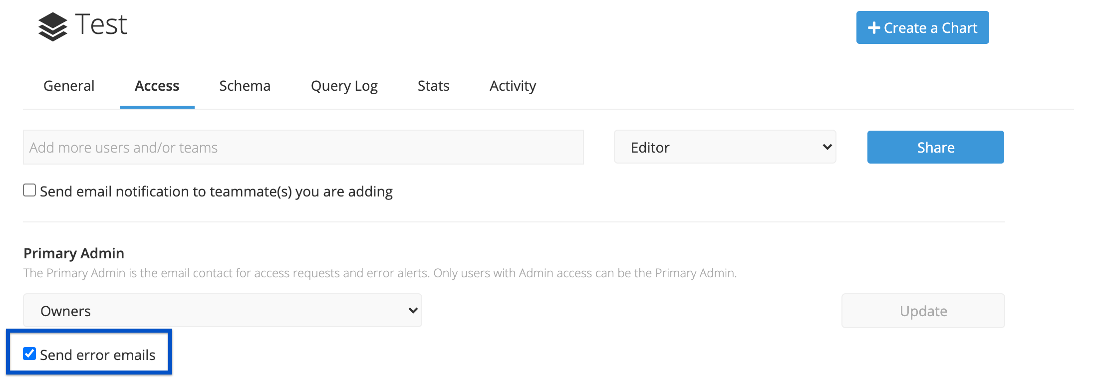 Select to Send error emails to the Primary Admin of the Data Store
