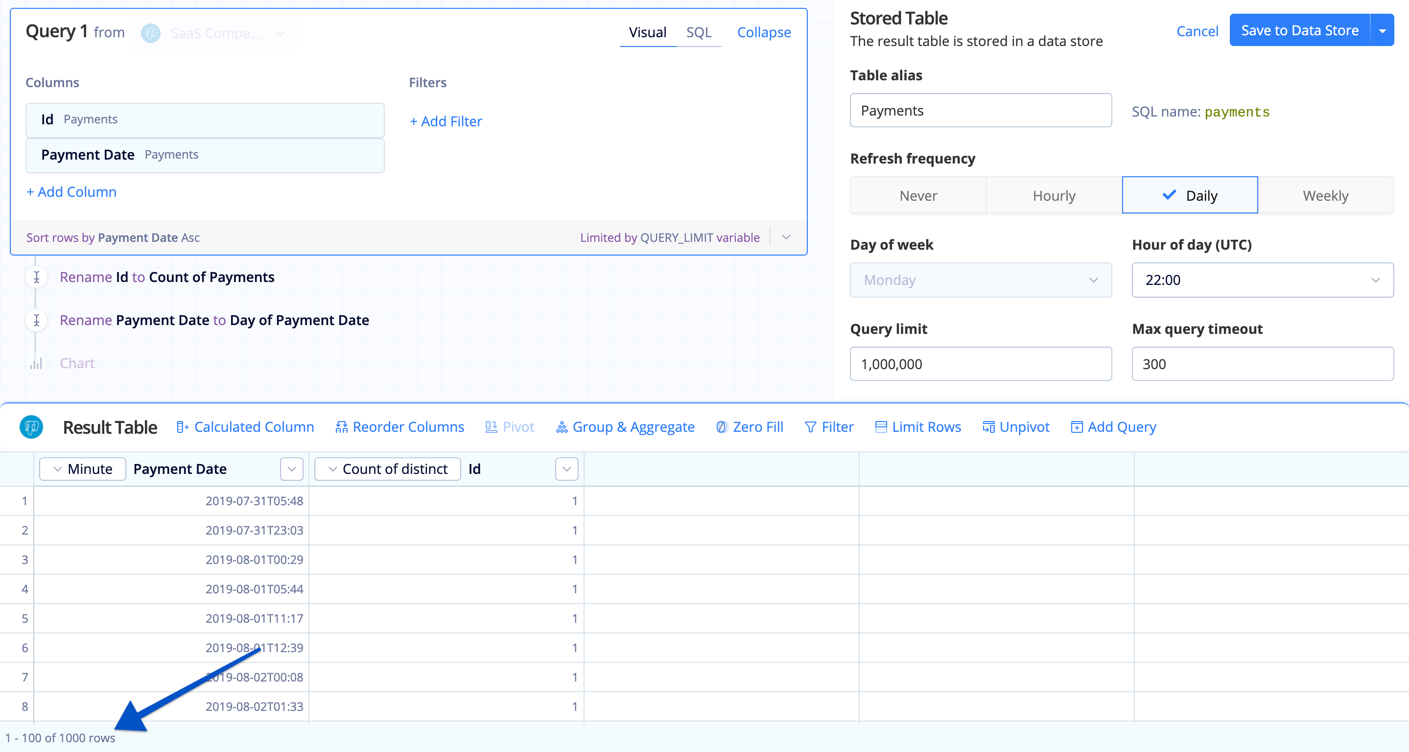 Data Store preview limit in Visual SQL