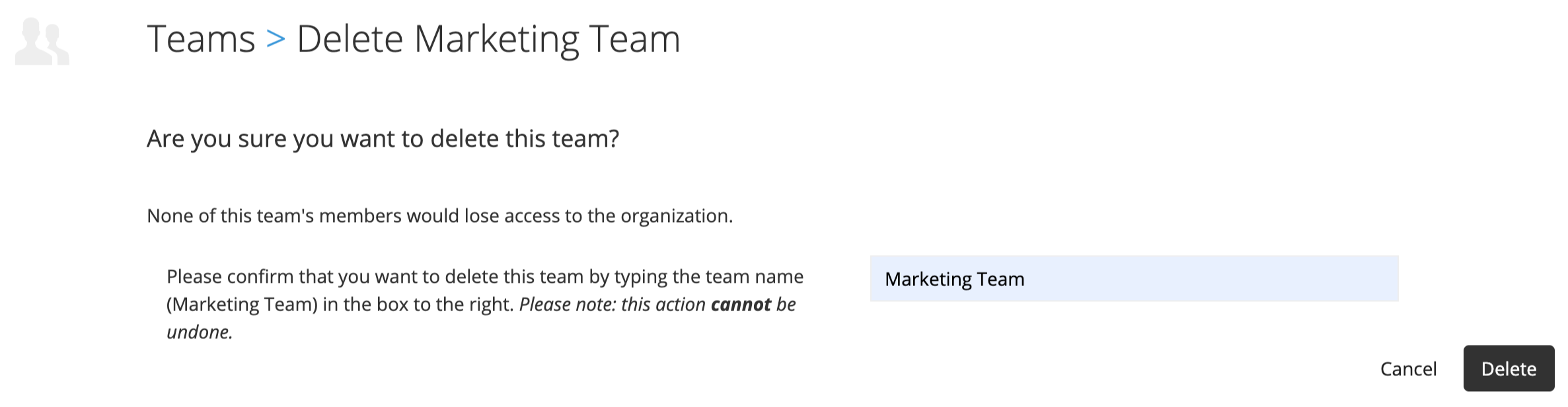  Delete Team confirmation page