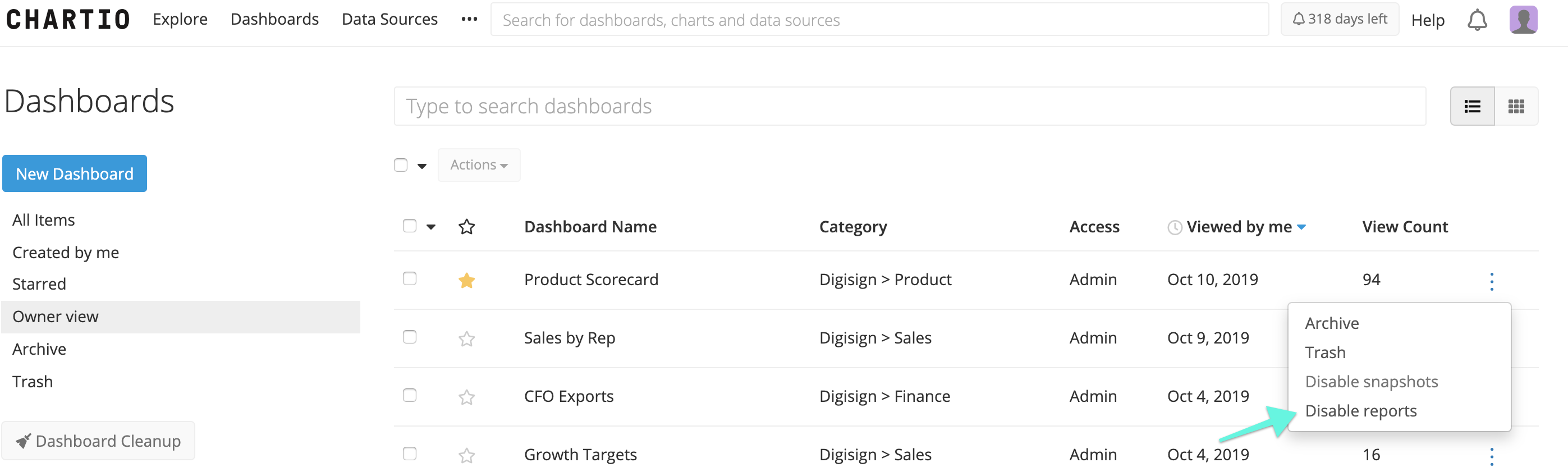 Disable dashboard reports from the main Dashboards page