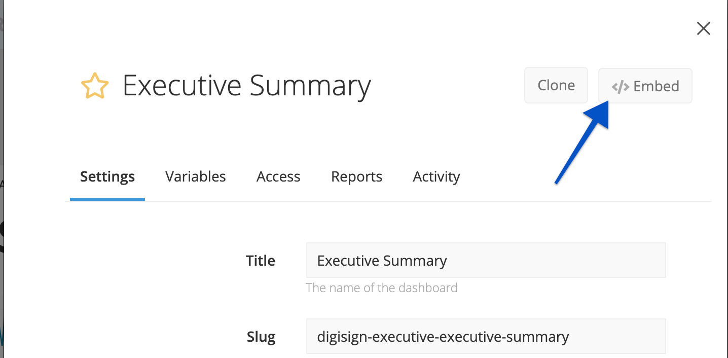 Dashboard's Embed button from the dashboard settings modal