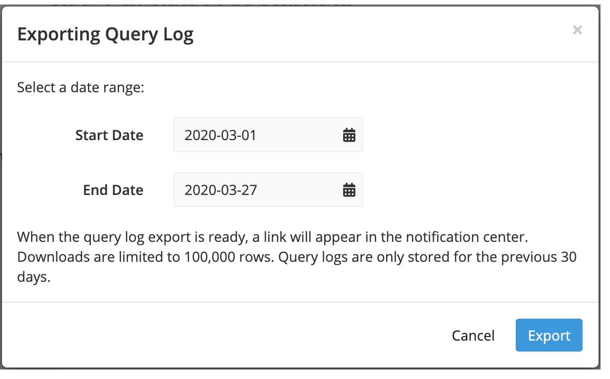 Download the query logs from the specified date range