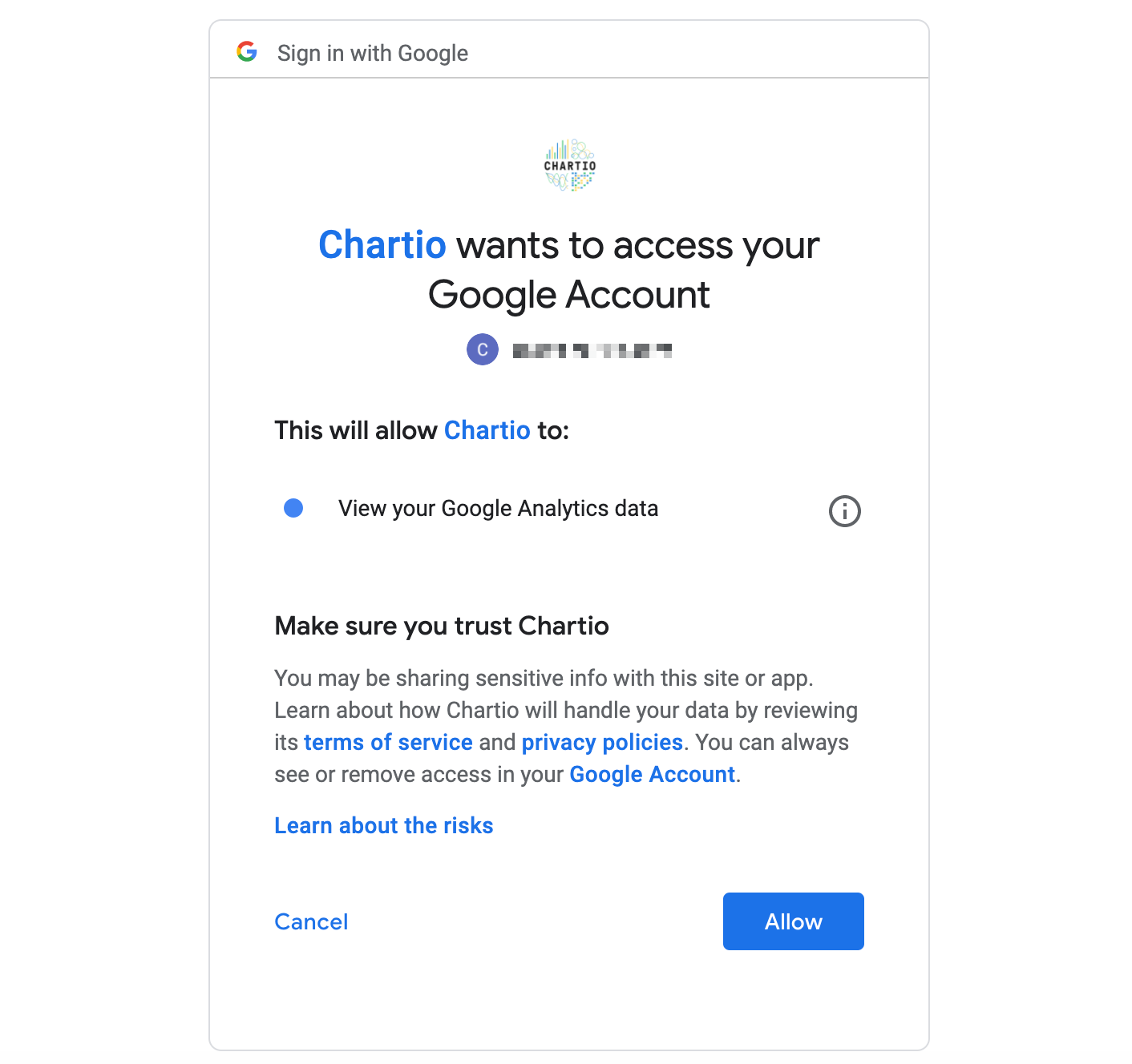 Click Allow when prompted by Google to give Chartio permission to access your Google Analytics data