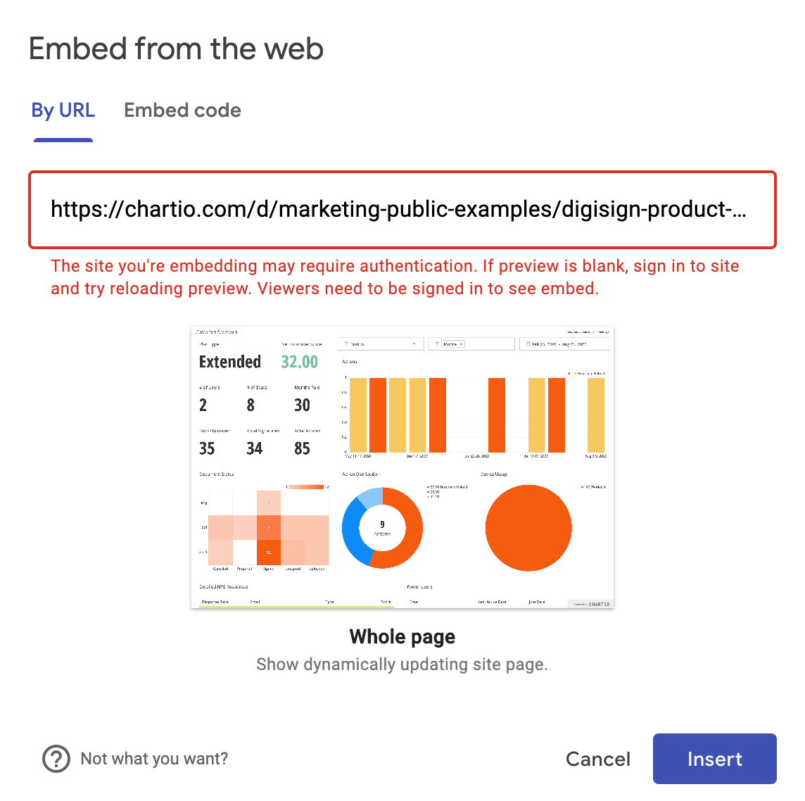 Use a URL to embed a Chartio dashboard to a Google Sites page