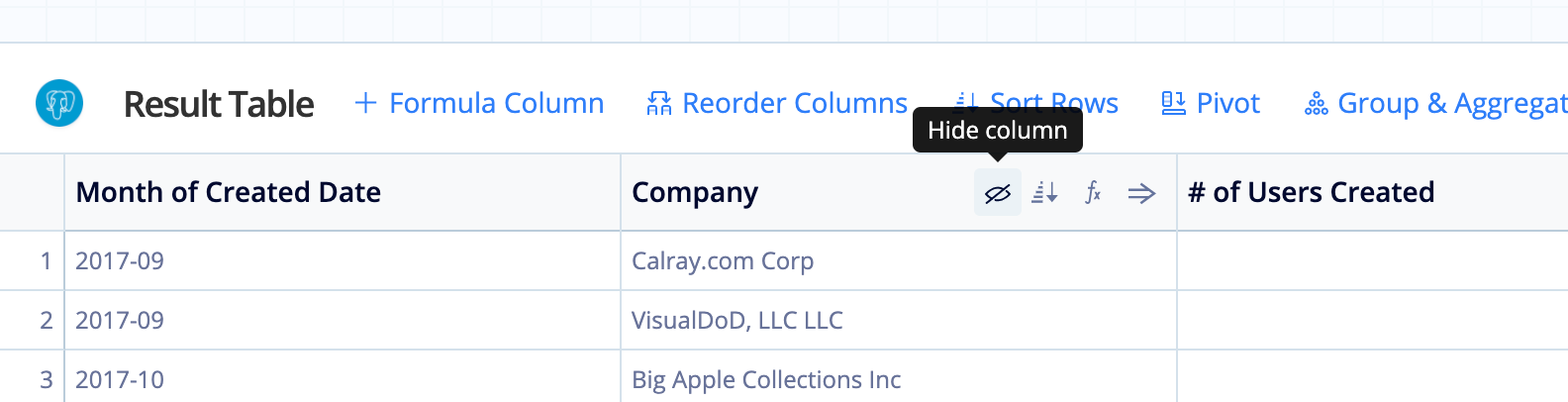 Click Hide Column from a column's Column Actions menu to hide it in your Results Table