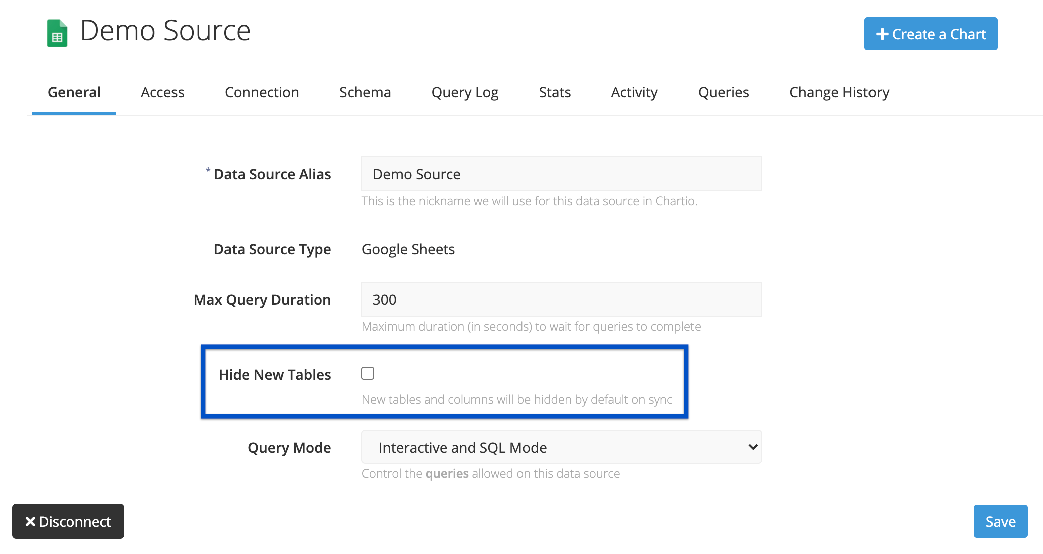 Hide new tables and columns added to your Chartio schema upon schema sync