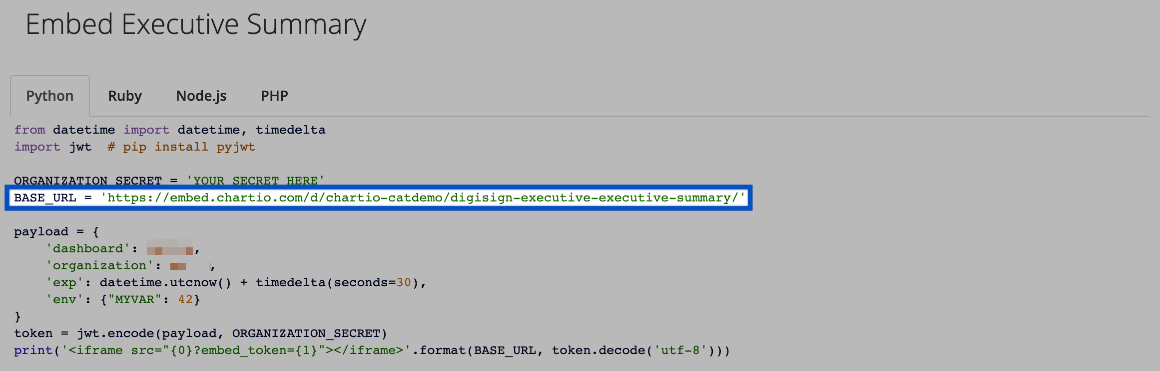 Check the example embed code to verify you're using the correct URL