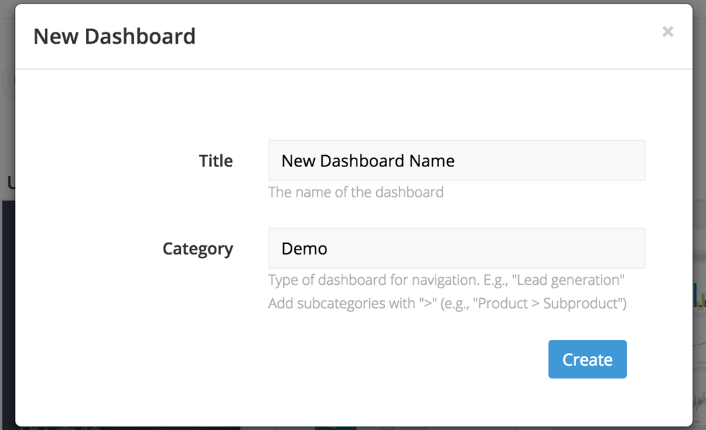 Name your dashboard and give it a category