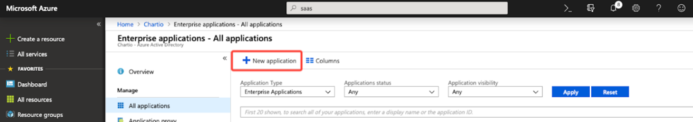 Click + New application in Azure
