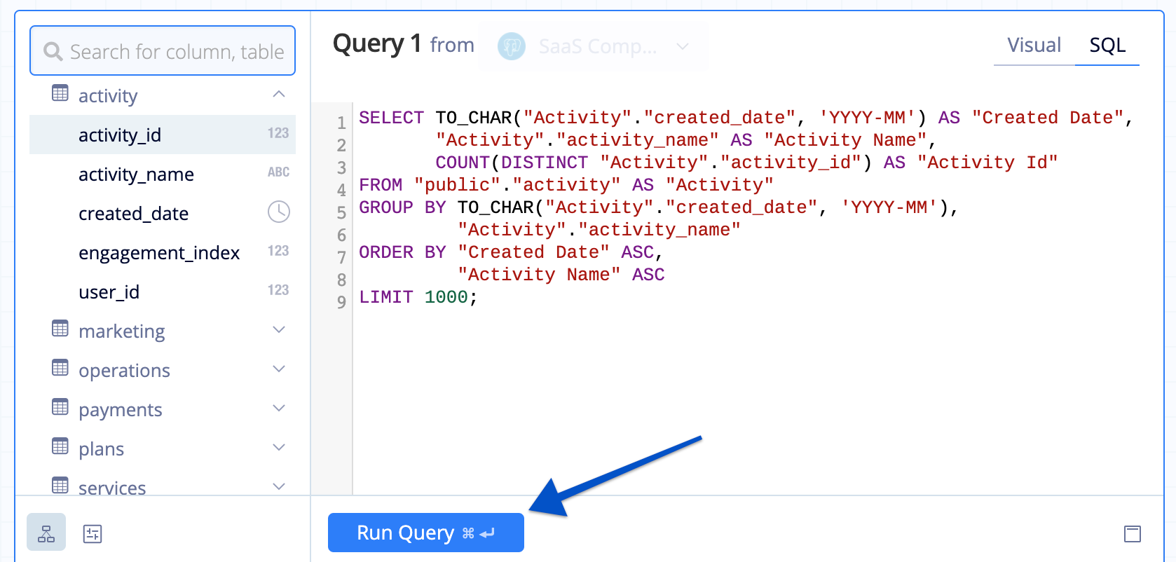 Click Run Query to execute your query in SQL Mode