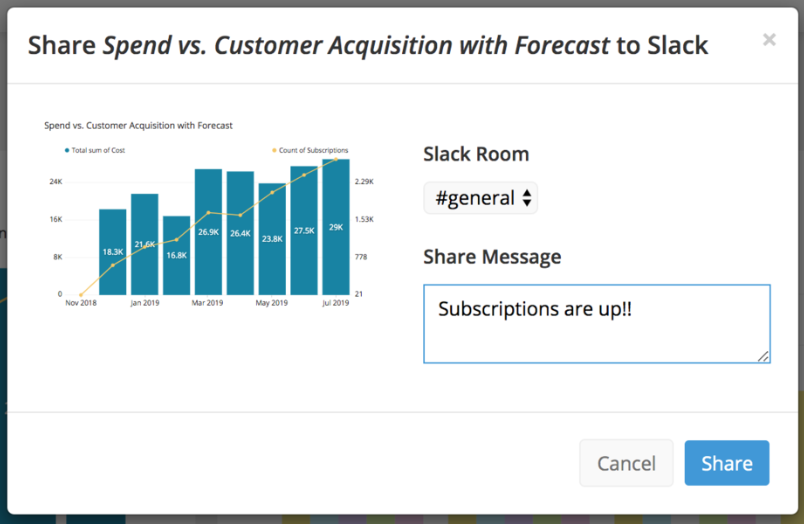 Choose the Slack Room and type in a message and click Share