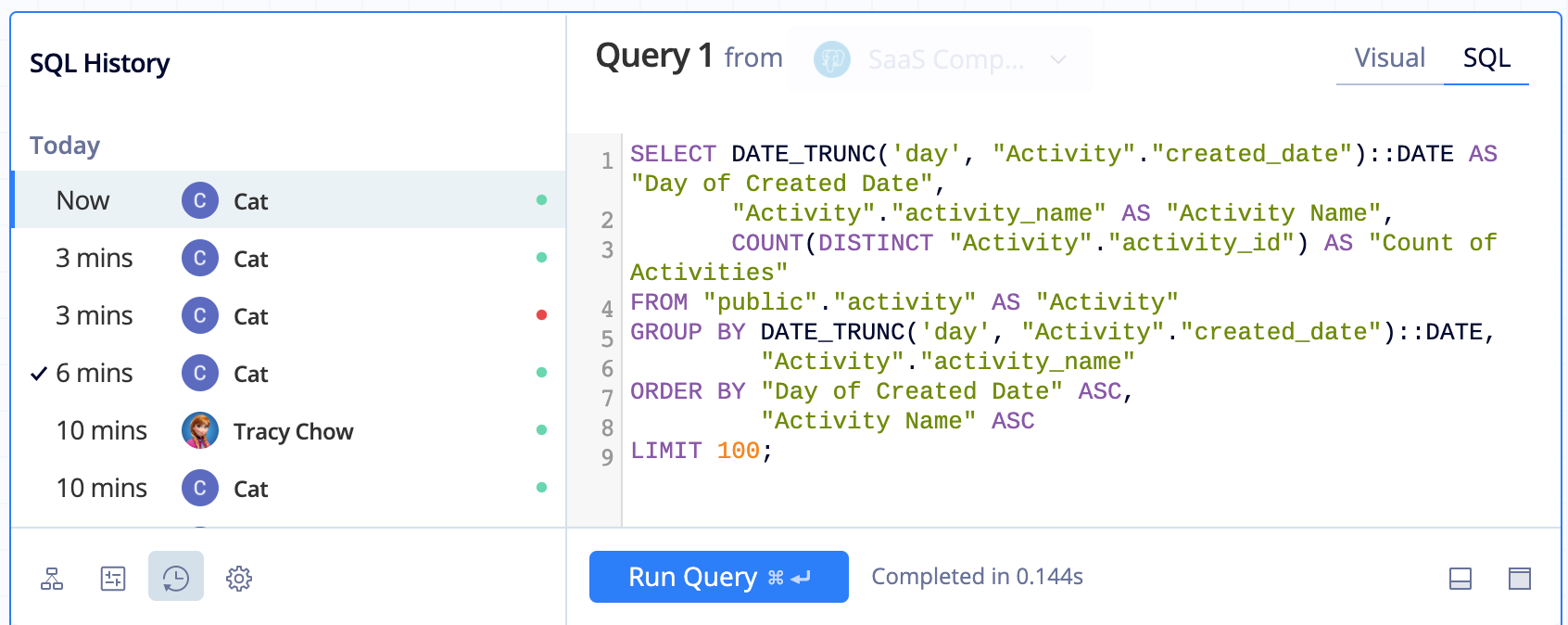 View drafts and executed query versions in the SQL History tab