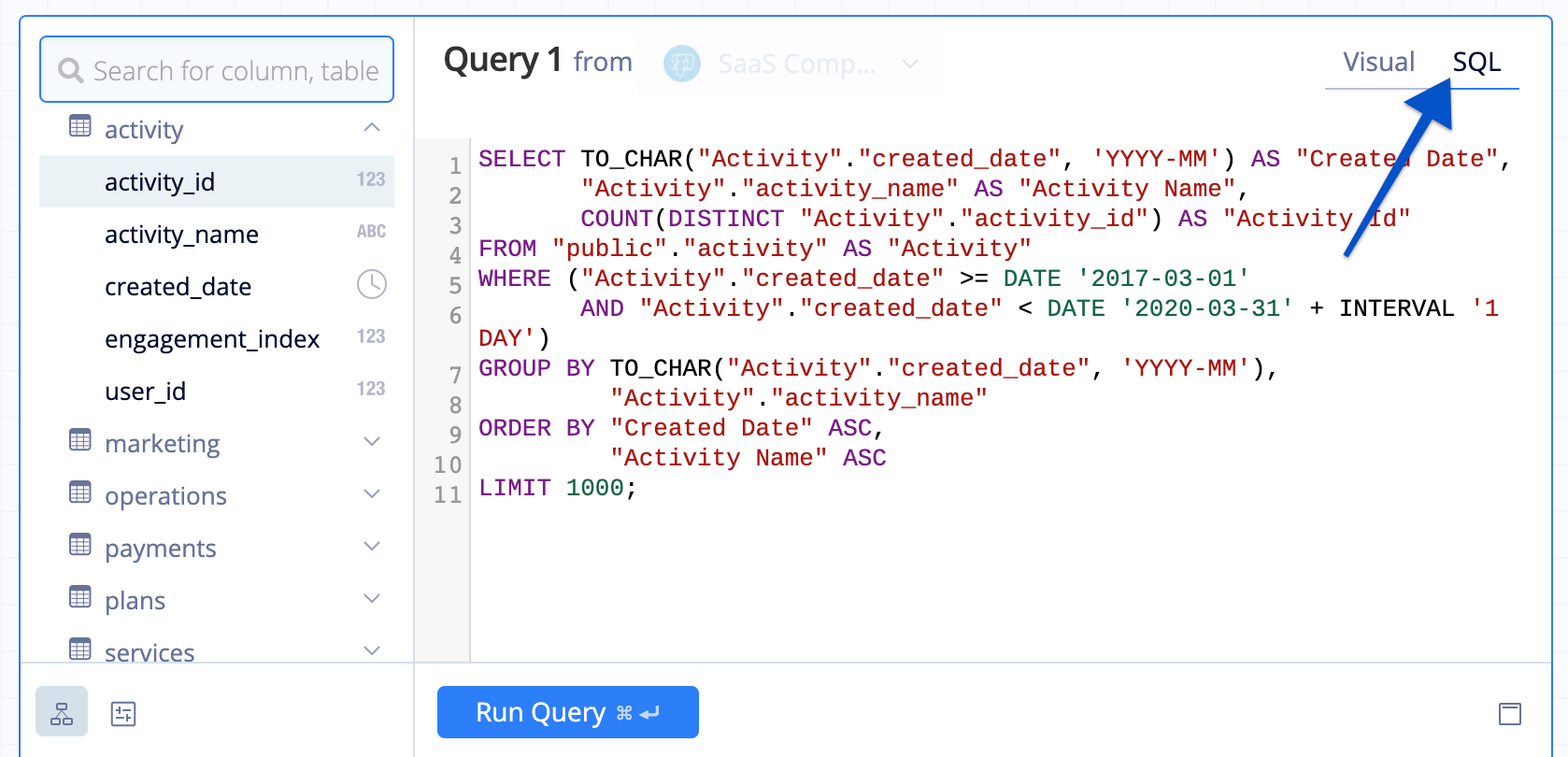 Start a Query in SQL Mode  Chartio Documentation
