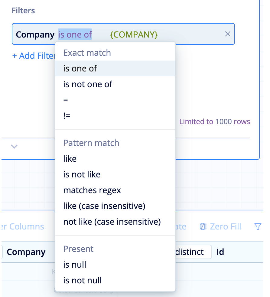 Filter operators for strings