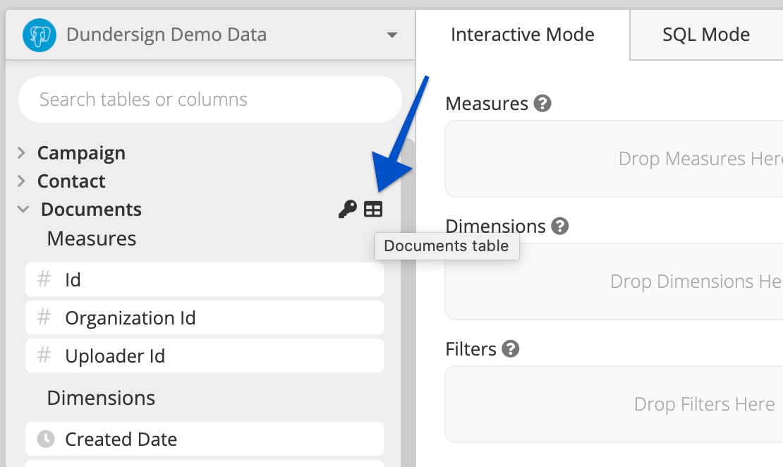 Hover over a table to see the Table preview icon