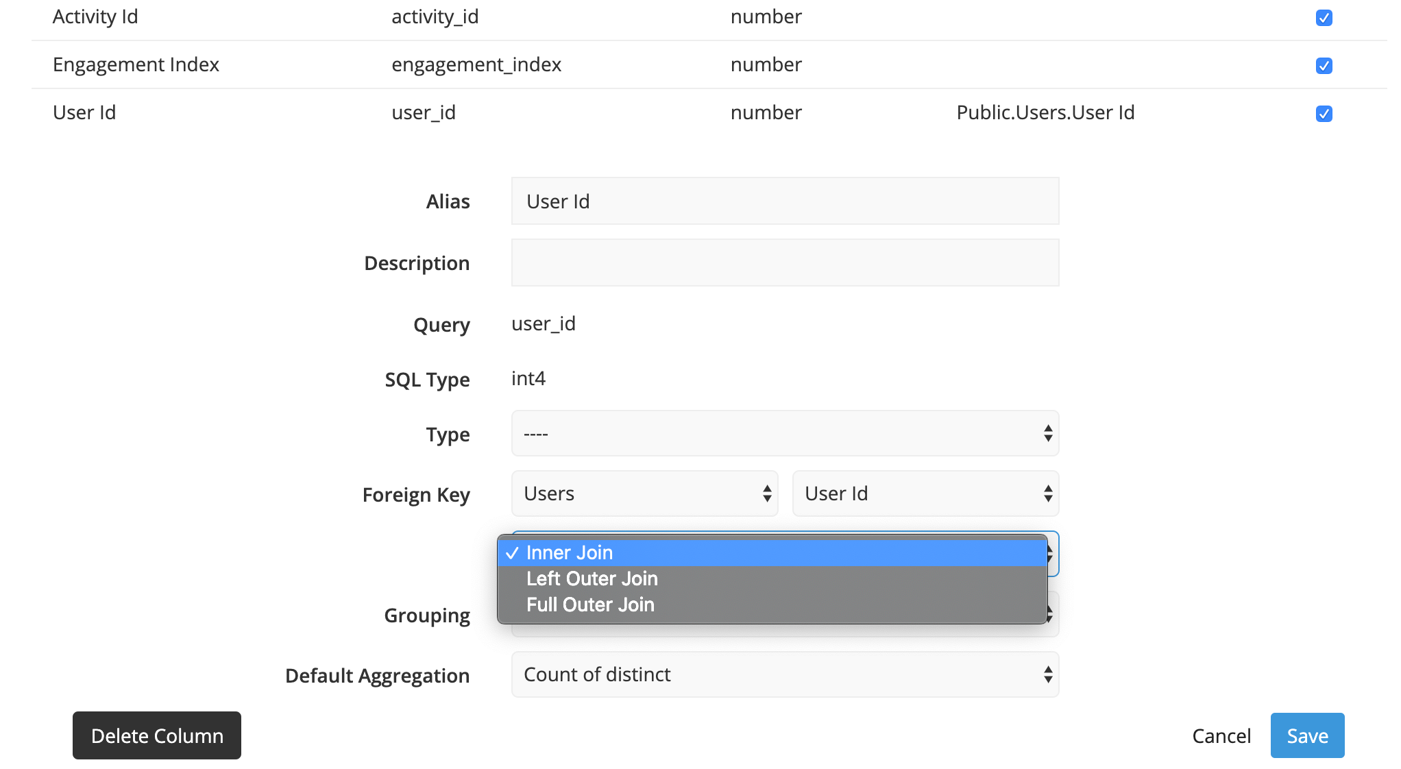 Set up the foreign key - choose the User Id from the Users table