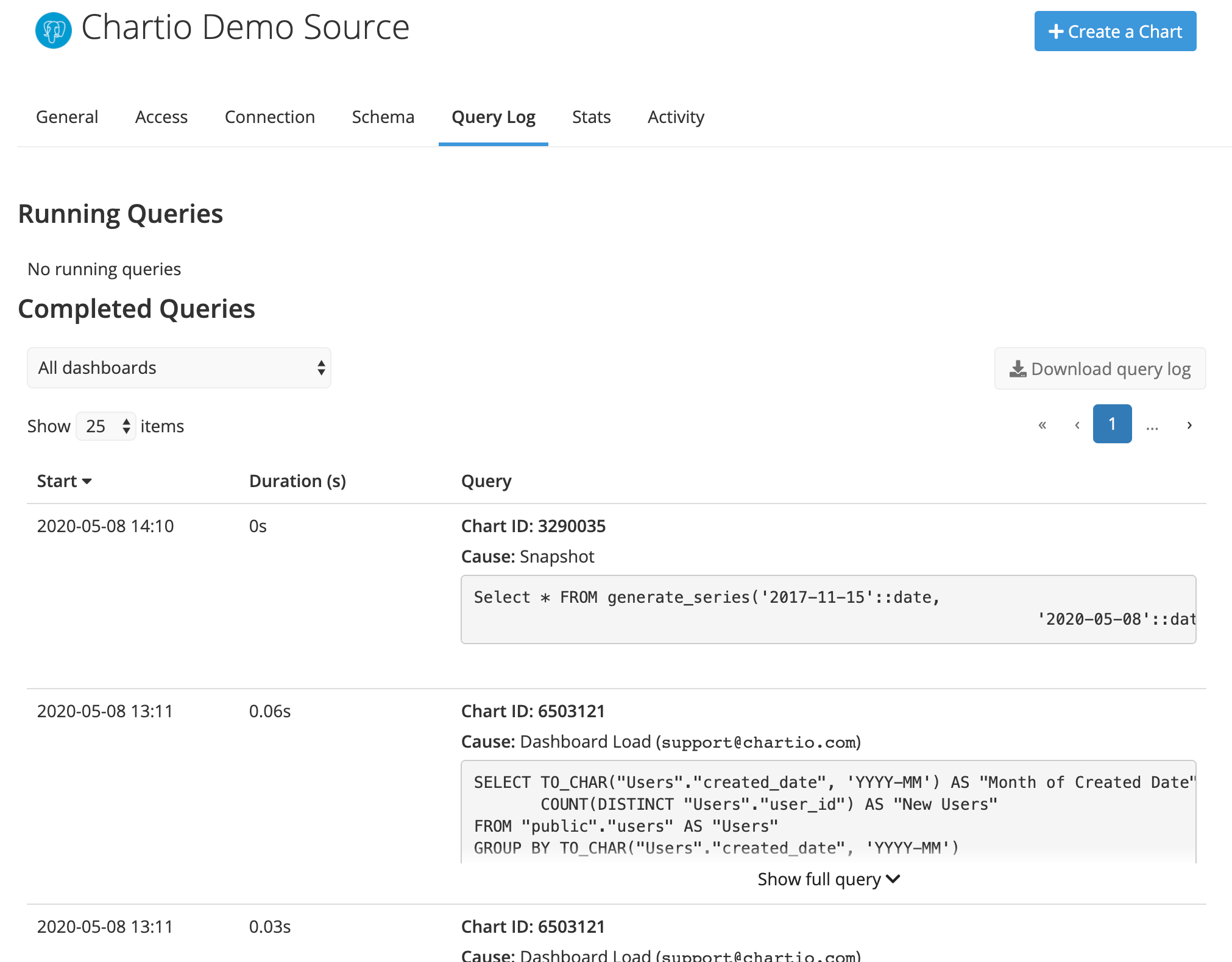 Open the Query Log tab under the data source settings