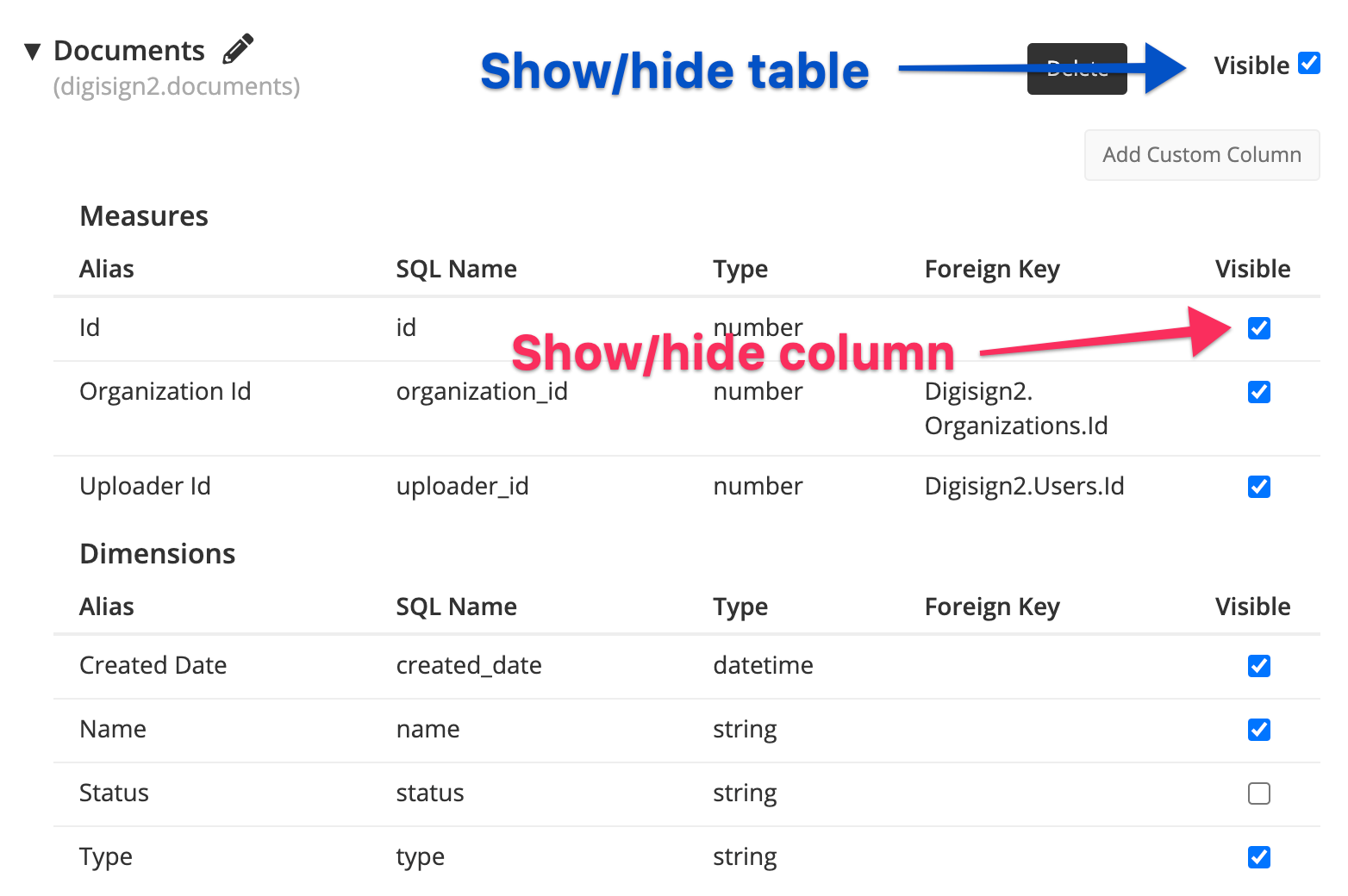 Select if a table or column is visible